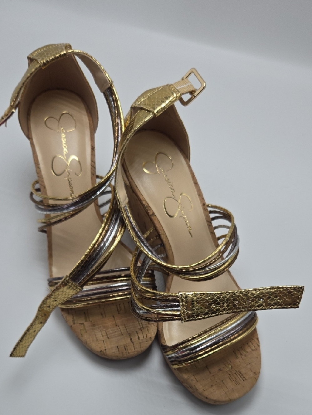 Jessica Simpson Metallic Gold Strappy Cork Wedge Sandals